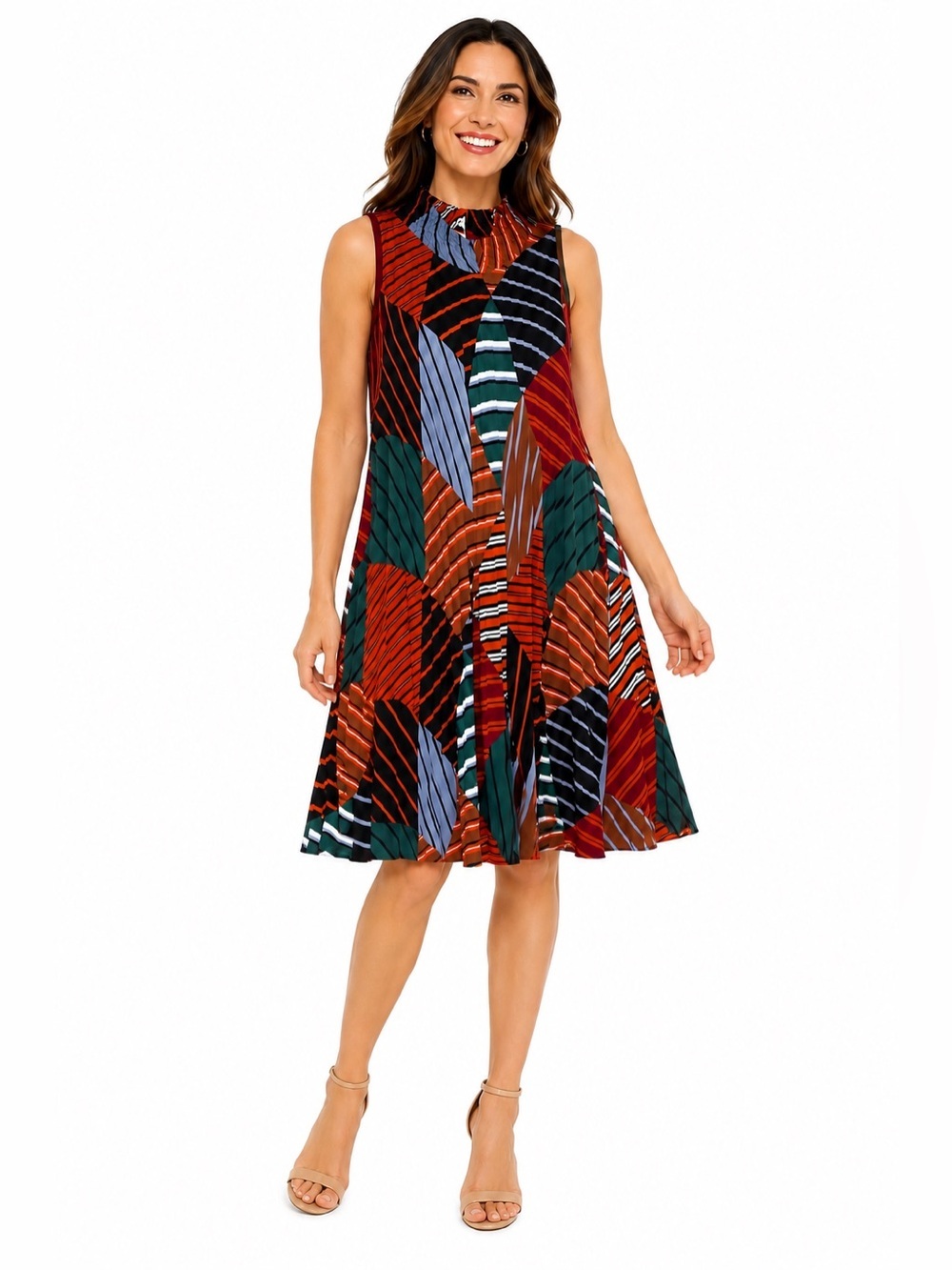 EST. 1946 Women's Large Sleeveless Mock Neck Pleated Swing Dress Geometric Print